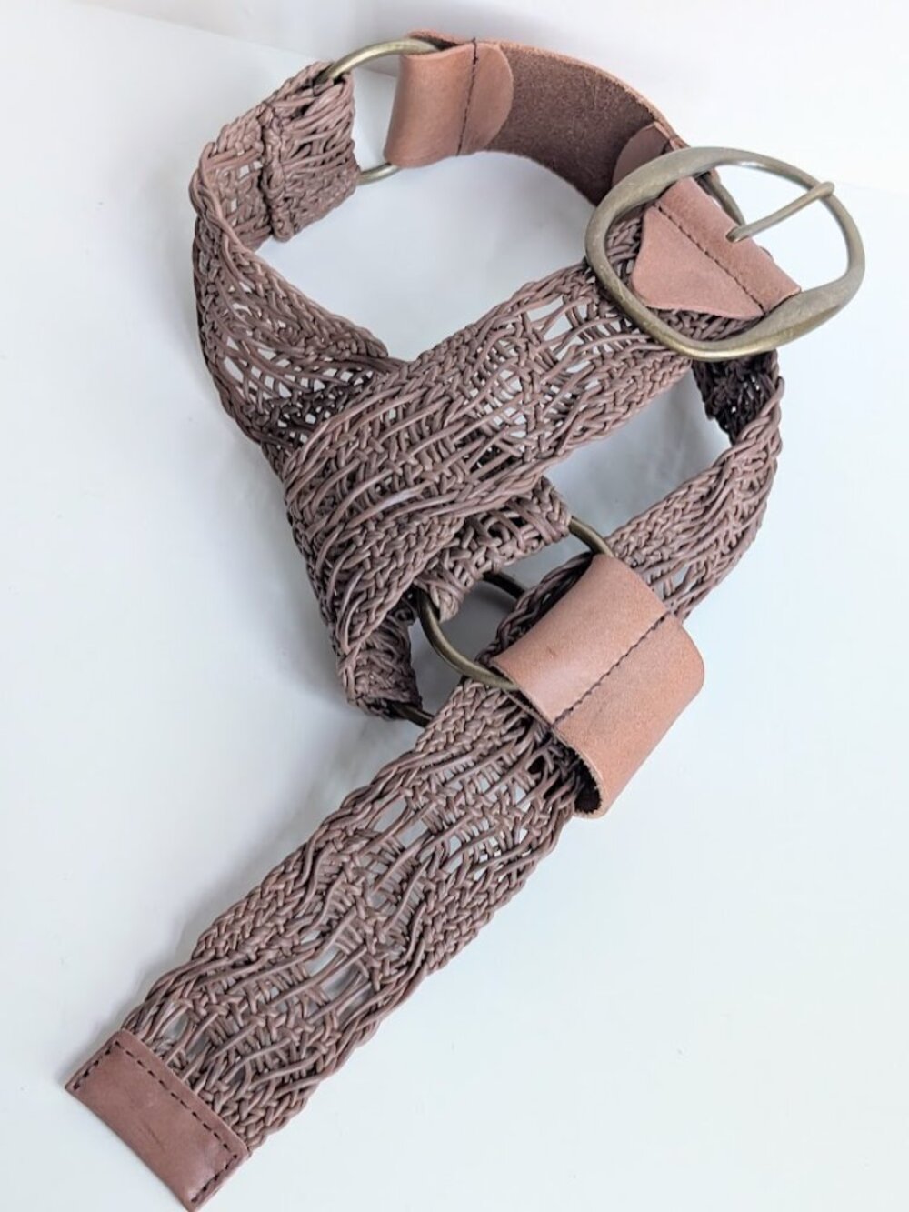 Cabi Wide Waist Belt Womens Size Large Brown Genuine Leather Woven Braided Boho